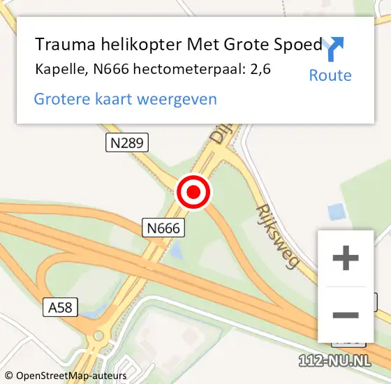 Locatie op kaart van de 112 melding: Trauma helikopter Met Grote Spoed Naar Kapelle, N666 hectometerpaal: 2,6 op 6 januari 2024 19:59