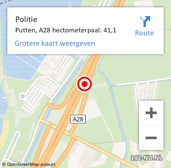 Locatie op kaart van de 112 melding: Politie Putten, A28 hectometerpaal: 41,1 op 6 januari 2024 23:31