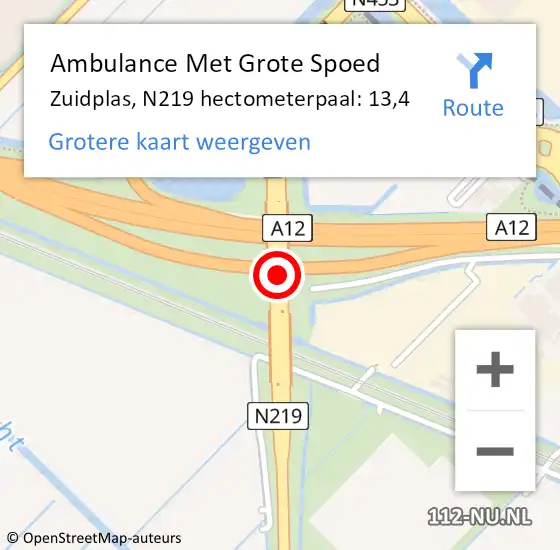 Locatie op kaart van de 112 melding: Ambulance Met Grote Spoed Naar Zuidplas, N219 hectometerpaal: 13,4 op 7 januari 2024 09:38