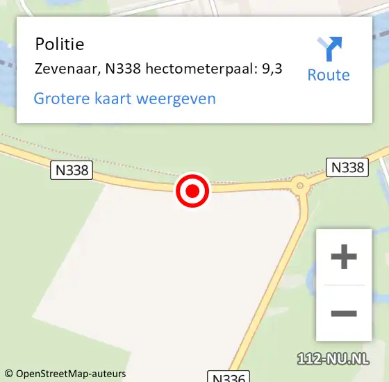 Locatie op kaart van de 112 melding: Politie Zevenaar, N338 hectometerpaal: 9,3 op 7 januari 2024 13:04