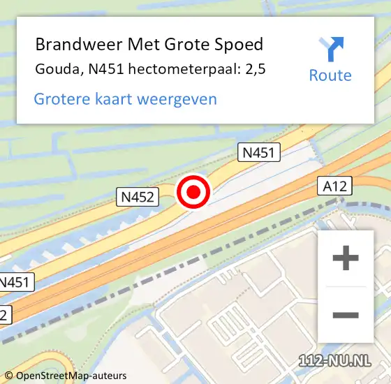 Locatie op kaart van de 112 melding: Brandweer Met Grote Spoed Naar Gouda, N451 hectometerpaal: 2,5 op 7 januari 2024 13:13