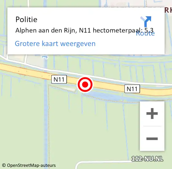 Locatie op kaart van de 112 melding: Politie Alphen aan den Rijn, N11 hectometerpaal: 5,3 op 7 januari 2024 16:02