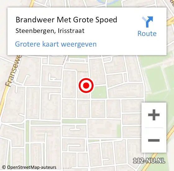 Locatie op kaart van de 112 melding: Brandweer Met Grote Spoed Naar Steenbergen, Irisstraat op 7 januari 2024 16:43