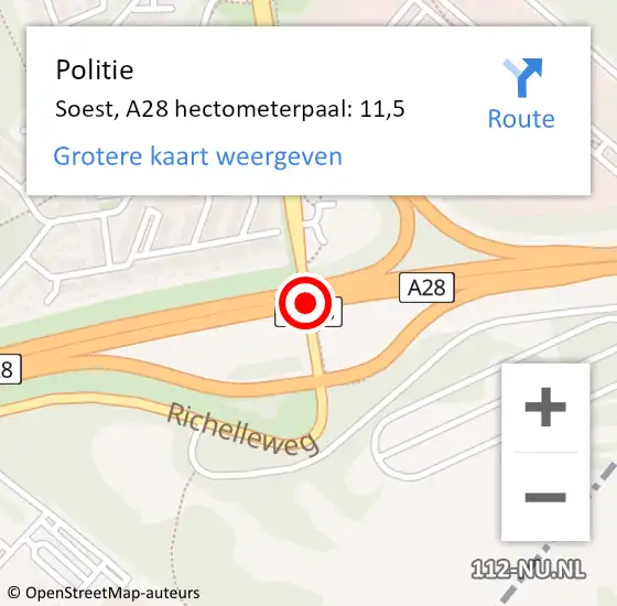 Locatie op kaart van de 112 melding: Politie Soest, A28 hectometerpaal: 11,5 op 7 januari 2024 18:49