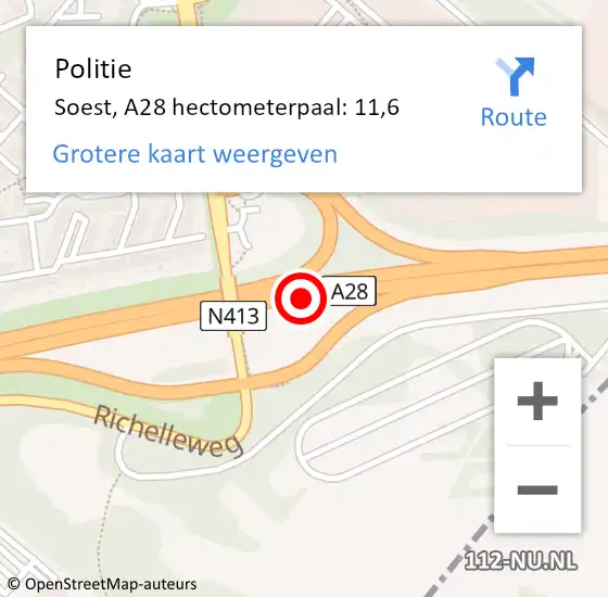 Locatie op kaart van de 112 melding: Politie Soest, A28 hectometerpaal: 11,6 op 7 januari 2024 18:51
