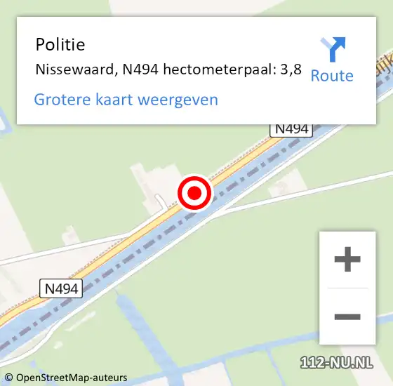 Locatie op kaart van de 112 melding: Politie Nissewaard, N494 hectometerpaal: 3,8 op 7 januari 2024 20:51