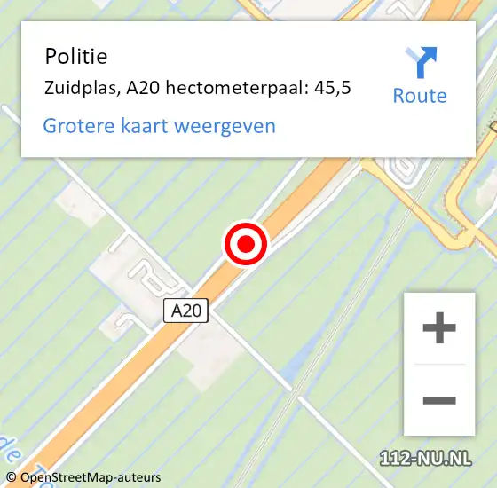 Locatie op kaart van de 112 melding: Politie Zuidplas, A20 hectometerpaal: 45,5 op 8 januari 2024 06:57