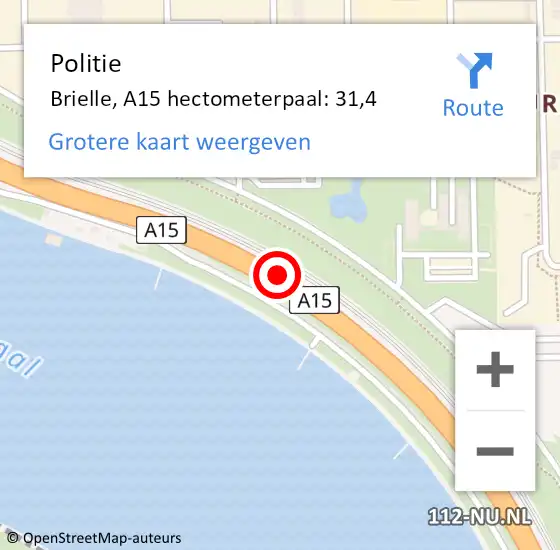 Locatie op kaart van de 112 melding: Politie Brielle, A15 hectometerpaal: 31,4 op 8 januari 2024 07:22