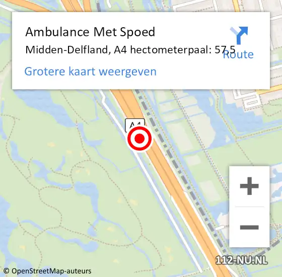 Locatie op kaart van de 112 melding: Ambulance Met Spoed Naar Midden-Delfland, A4 hectometerpaal: 57,5 op 8 januari 2024 07:23