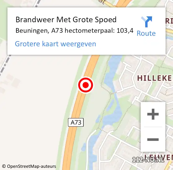 Locatie op kaart van de 112 melding: Brandweer Met Grote Spoed Naar Beuningen, A73 hectometerpaal: 103,4 op 8 januari 2024 07:37