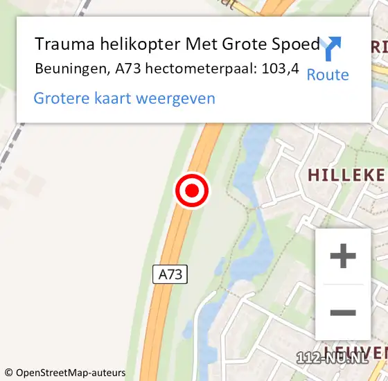 Locatie op kaart van de 112 melding: Trauma helikopter Met Grote Spoed Naar Beuningen, A73 hectometerpaal: 103,4 op 8 januari 2024 07:38