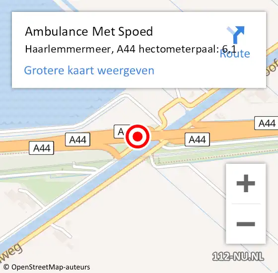 Locatie op kaart van de 112 melding: Ambulance Met Spoed Naar Haarlemmermeer, A44 hectometerpaal: 6,1 op 8 januari 2024 07:42