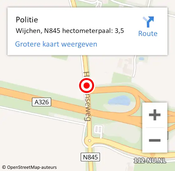 Locatie op kaart van de 112 melding: Politie Wijchen, N845 hectometerpaal: 3,5 op 8 januari 2024 07:45