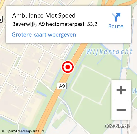 Locatie op kaart van de 112 melding: Ambulance Met Spoed Naar Beverwijk, A9 hectometerpaal: 53,2 op 8 januari 2024 08:30