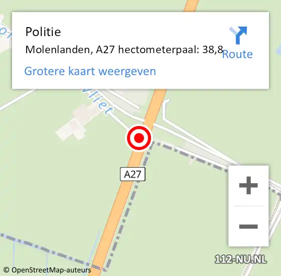 Locatie op kaart van de 112 melding: Politie Molenlanden, A27 hectometerpaal: 38,8 op 8 januari 2024 08:43