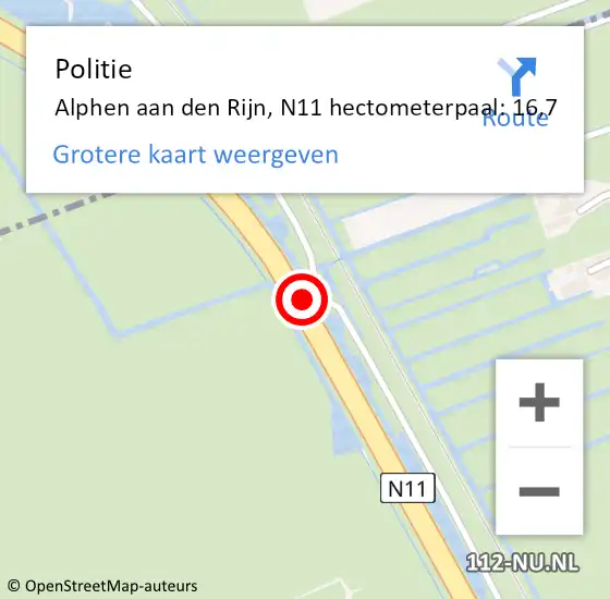 Locatie op kaart van de 112 melding: Politie Alphen aan den Rijn, N11 hectometerpaal: 16,7 op 8 januari 2024 09:32