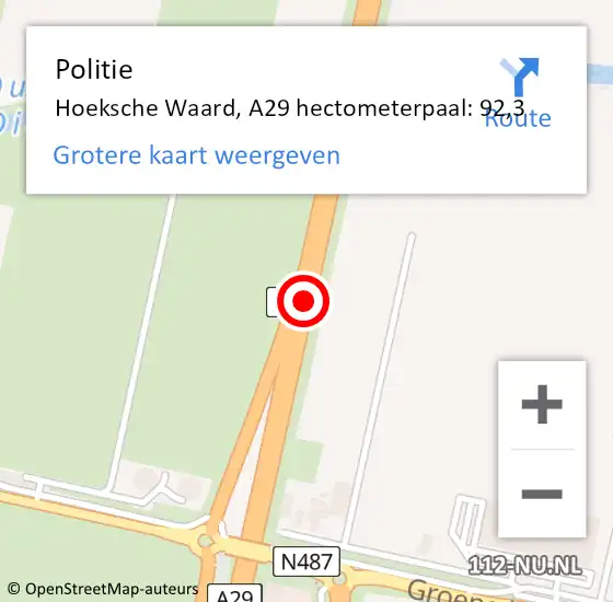 Locatie op kaart van de 112 melding: Politie Hoeksche Waard, A29 hectometerpaal: 92,3 op 8 januari 2024 13:38