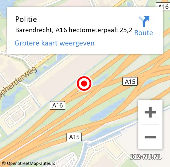 Locatie op kaart van de 112 melding: Politie Barendrecht, A16 hectometerpaal: 25,2 op 8 januari 2024 14:59