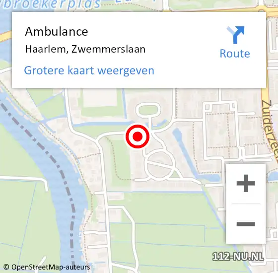 Locatie op kaart van de 112 melding: Ambulance Haarlem, Zwemmerslaan op 8 januari 2024 15:53