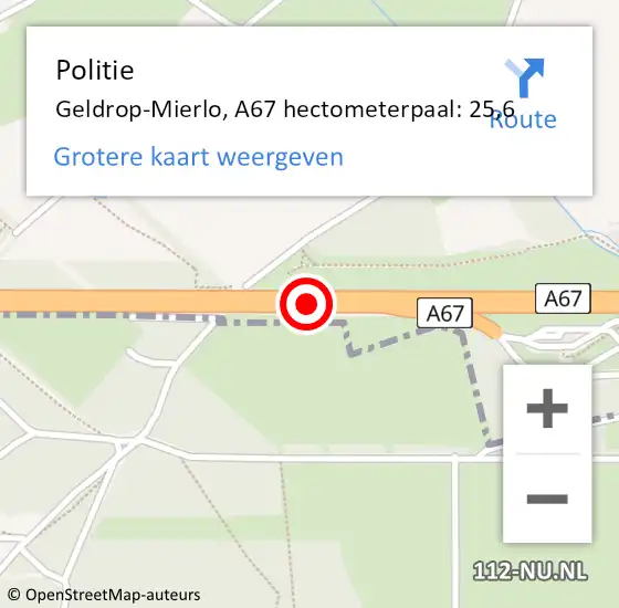 Locatie op kaart van de 112 melding: Politie Geldrop-Mierlo, A67 hectometerpaal: 25,6 op 8 januari 2024 17:21