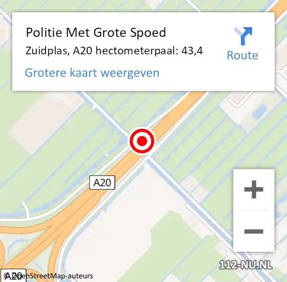 Locatie op kaart van de 112 melding: Politie Met Grote Spoed Naar Zuidplas, A20 hectometerpaal: 43,4 op 8 januari 2024 17:43