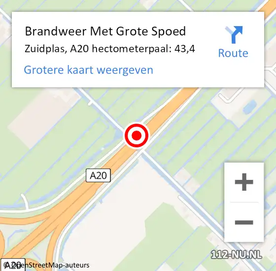 Locatie op kaart van de 112 melding: Brandweer Met Grote Spoed Naar Zuidplas, A20 hectometerpaal: 43,4 op 8 januari 2024 17:43