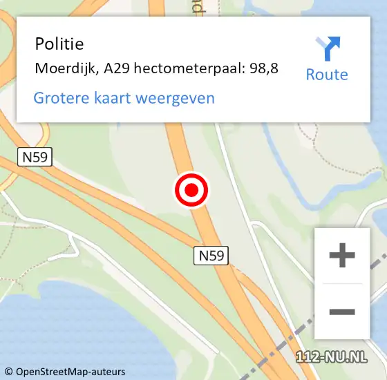 Locatie op kaart van de 112 melding: Politie Moerdijk, A29 hectometerpaal: 98,8 op 8 januari 2024 19:17
