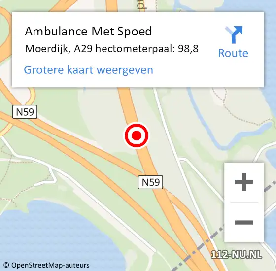 Locatie op kaart van de 112 melding: Ambulance Met Spoed Naar Moerdijk, A29 hectometerpaal: 98,8 op 8 januari 2024 19:19