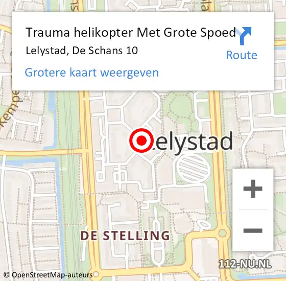 Locatie op kaart van de 112 melding: Trauma helikopter Met Grote Spoed Naar Lelystad, De Schans 10 op 8 januari 2024 20:39