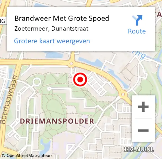 Locatie op kaart van de 112 melding: Brandweer Met Grote Spoed Naar Zoetermeer, Dunantstraat op 8 januari 2024 22:09