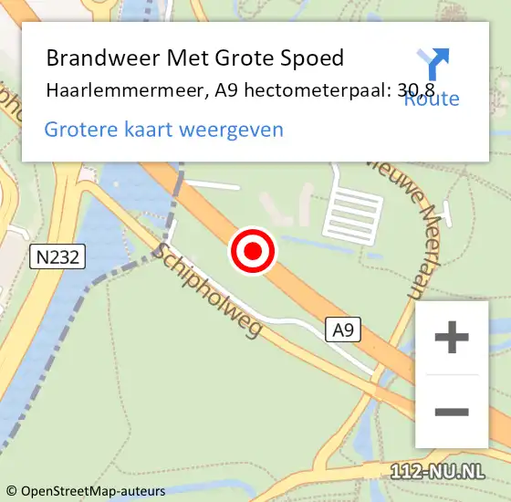 Locatie op kaart van de 112 melding: Brandweer Met Grote Spoed Naar Haarlemmermeer, A9 hectometerpaal: 30,8 op 9 januari 2024 00:38