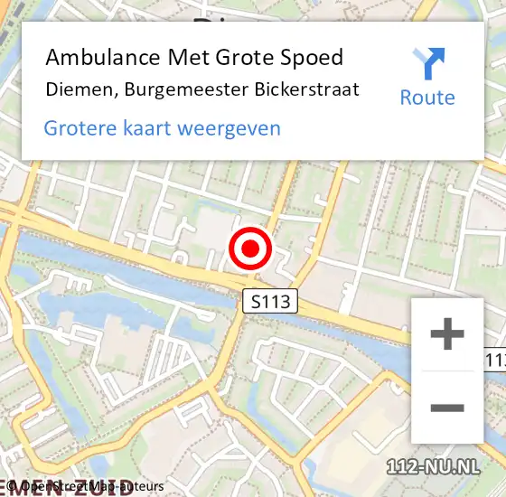 Locatie op kaart van de 112 melding: Ambulance Met Grote Spoed Naar Diemen, Burgemeester Bickerstraat op 9 januari 2024 00:51
