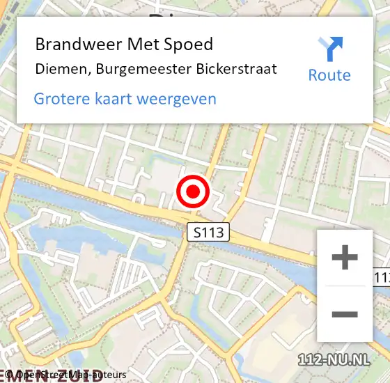 Locatie op kaart van de 112 melding: Brandweer Met Spoed Naar Diemen, Burgemeester Bickerstraat op 9 januari 2024 00:52