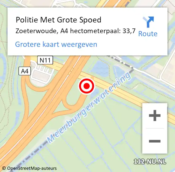 Locatie op kaart van de 112 melding: Politie Met Grote Spoed Naar Zoeterwoude, A4 hectometerpaal: 33,7 op 9 januari 2024 07:37