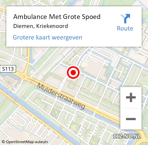 Locatie op kaart van de 112 melding: Ambulance Met Grote Spoed Naar Diemen, Kriekenoord op 9 januari 2024 07:52