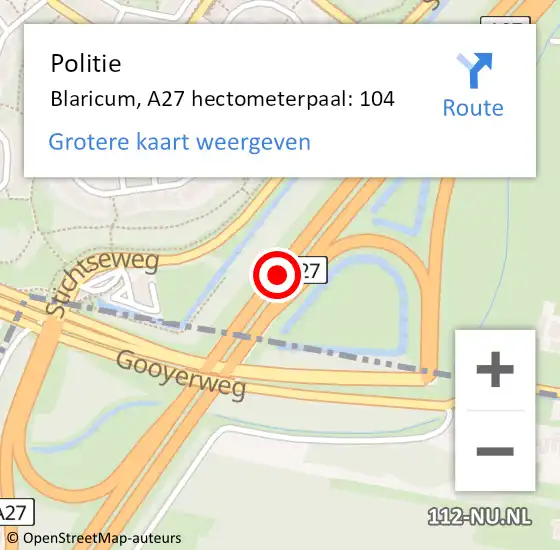 Locatie op kaart van de 112 melding: Politie Blaricum, A27 hectometerpaal: 104 op 9 januari 2024 07:52