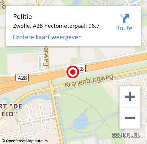 Locatie op kaart van de 112 melding: Politie Zwolle, A28 hectometerpaal: 96,7 op 9 januari 2024 08:01