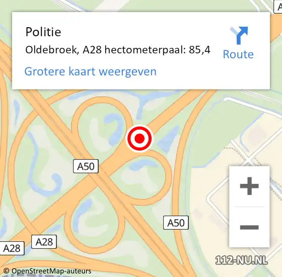 Locatie op kaart van de 112 melding: Politie Oldebroek, A28 hectometerpaal: 85,4 op 9 januari 2024 08:32