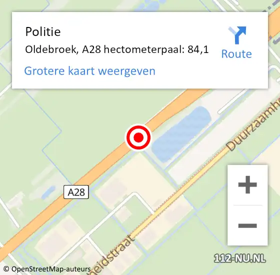 Locatie op kaart van de 112 melding: Politie Oldebroek, A28 hectometerpaal: 84,1 op 9 januari 2024 08:34