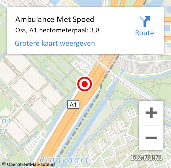 Locatie op kaart van de 112 melding: Ambulance Met Spoed Naar Oss, A1 hectometerpaal: 3,8 op 9 januari 2024 09:04
