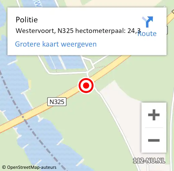Locatie op kaart van de 112 melding: Politie Westervoort, N325 hectometerpaal: 24,3 op 9 januari 2024 09:19