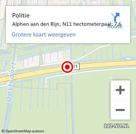 Locatie op kaart van de 112 melding: Politie Alphen aan den Rijn, N11 hectometerpaal: 7,6 op 9 januari 2024 10:18