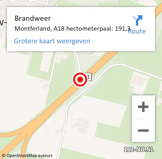 Locatie op kaart van de 112 melding: Brandweer Montferland, A18 hectometerpaal: 191,3 op 9 januari 2024 10:51