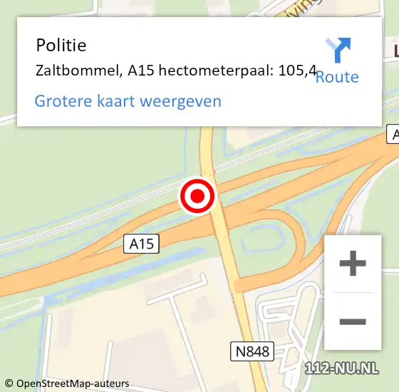 Locatie op kaart van de 112 melding: Politie Zaltbommel, A15 hectometerpaal: 105,4 op 9 januari 2024 11:27