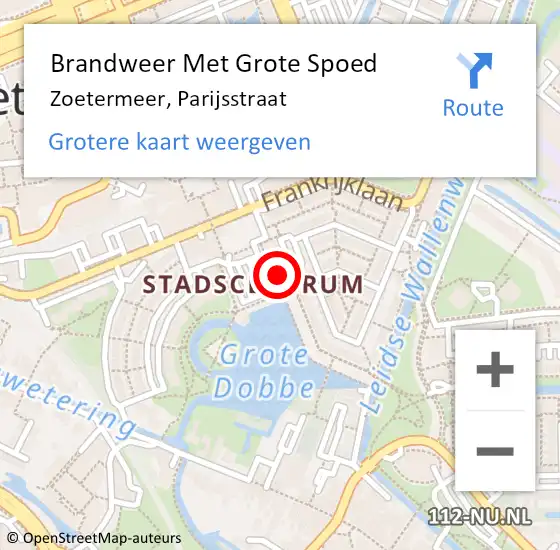 Locatie op kaart van de 112 melding: Brandweer Met Grote Spoed Naar Zoetermeer, Parijsstraat op 9 januari 2024 16:27