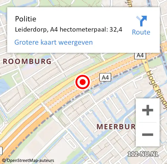 Locatie op kaart van de 112 melding: Politie Leiderdorp, A4 hectometerpaal: 32,4 op 9 januari 2024 21:48