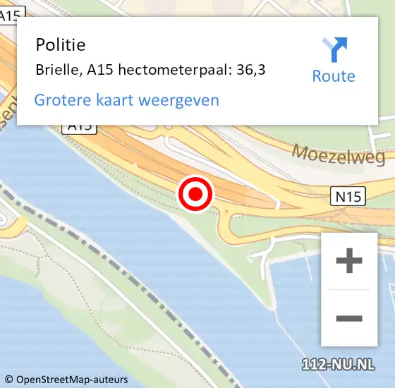 Locatie op kaart van de 112 melding: Politie Brielle, A15 hectometerpaal: 36,3 op 10 januari 2024 06:25