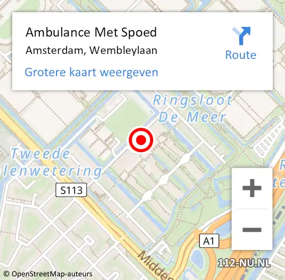 Locatie op kaart van de 112 melding: Ambulance Met Spoed Naar Amsterdam, Wembleylaan op 10 januari 2024 09:43