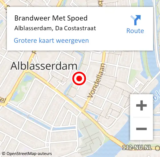 Locatie op kaart van de 112 melding: Brandweer Met Spoed Naar Alblasserdam, Da Costastraat op 10 januari 2024 09:49