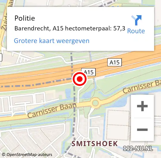 Locatie op kaart van de 112 melding: Politie Barendrecht, A15 hectometerpaal: 57,3 op 10 januari 2024 11:36